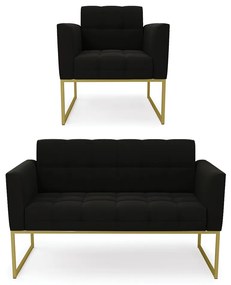 Kit 1 Sofá Namoradeira e 1 Poltrona Elisa Suede Base Metálica Industrial Dourado - D'Rossi - Preto