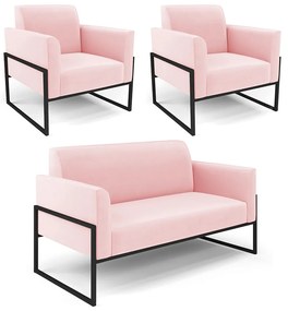 Sofá Namoradeira com 2 Poltronas Base Industrial Alta Preto Marisa Suede D03 - D'Rossi - Rosa Bebê