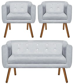 Kit 01 Namoradeira 02 Lugares e 02 Poltronas Julia Suede Cinza com Strass Pés Palito Castanho D'Rossi
