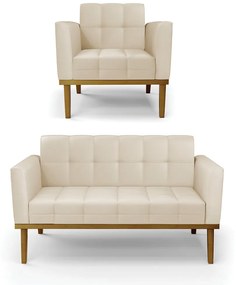 Conjunto Poltrona e Namoradeira Decorativas Karen Pés Fixo em Madeira Castanho PU Bege G19 - Gran Belo