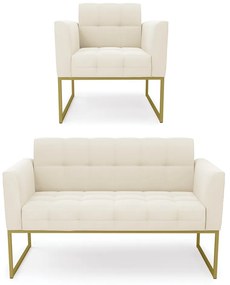 Kit 1 Sofá Namoradeira e 1 Poltrona Elisa Veludo Base Metálica Industrial Dourado - D'Rossi - Bege