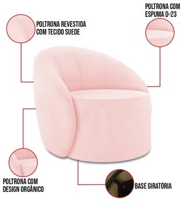Sofá 2 Lugares Orgânico 140cm Morgan e 2 Poltronas Lua Suede Rosa Bebê D03 - D'Rossi