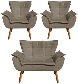 Conjunto 2 Poltronas e 1 Namoradeira Pés Palito Charger Suede Nude G19 - Gran Belo