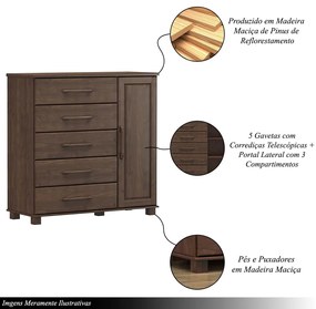 Cômoda Decorativa Madeira Maciça Naipe 5 Gavetas Café G74 - Gran Belo