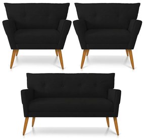 Kit 01 Namoradeira 02 Lugares e 02 Poltronas Anitta Linho Preto A79 Pés Palito Castanho - DRossi