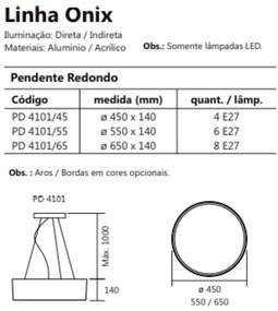Pendente Redondo Onix Ø65X14Cm 8Xe27 Aro Recuado / Metal E Acrilico |... (TT-M - Titânio Metálico, PT - Preto Texturizado)
