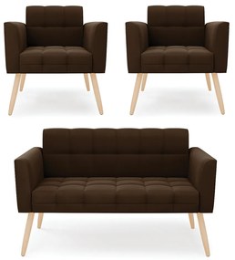 Kit 1 Sofá Namoradeira e 2 Poltronas Elisa Suede Pés Palito Natural - D'Rossi - Marrom