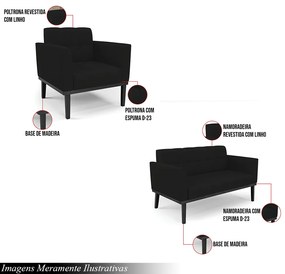 Conjunto Poltrona e Namoradeira Decorativa Karen Pés Fixo em Madeira Preto Linho Preto G19 - Gran Belo