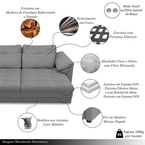 Sofá Retrátil Elétrico Sala de Estar Nolan Bipartido 175cm Conforto Premium em Couro Cinza G58 - Gran Belo