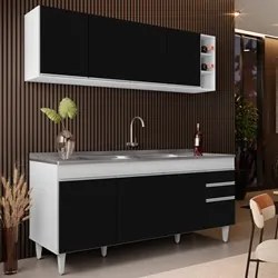 Armário Aéreo Nevada e Balcão Gabinete 180cm Com Pia Dallas Branco/Pre