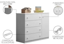 Cômoda Infantil 1 Porta 4 Gavetas Ellie Z39 Branco - Mpozenato