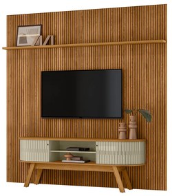 Painel TV 75 Pol 238cm Ripado Kalven com Rack Bancada Enzari Cumaru/Opala M20 - D'Rossi