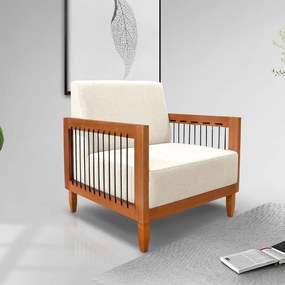 Poltrona Sala de Estar Pés Madeira Maciça Corda Náutica Preta 75cm Manila Linho Off White Rústico G63 - Gran Belo