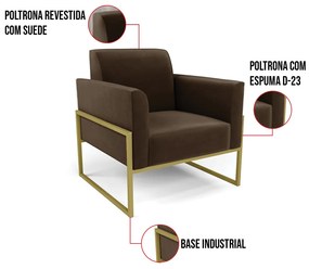 Kit 2 Poltronas Base Industrial Alta Dourado Marisa Suede D03 - D'Rossi - Marrom
