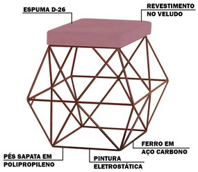 Puff Decorativo Sala de Estar Base Bronze Trixie Veludo Rosê G41 - Gran Belo