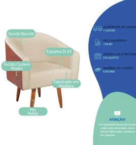 Kit 2 Poltronas Jade Decorativa Moderna Sala de Estar Quarto Escritório Conforto Corano Nozes e Bouclé Pés Palito
