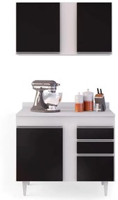 Kit Armário Aéreo e Balcão de Cozinha Lavanderia Aurora com Tampo 100cm L06 - D'Rossi  - Branco e Preto