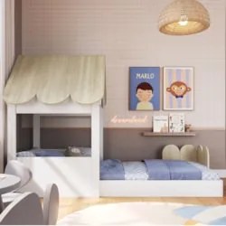 Cama Solteiro Infantil Montessoriana Casinha Nana Branco/Carvalho C06
