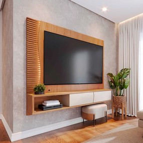 Home Suspenso para TV até 65 MDP/MDF Sabat 179cm Fitas LED Portas Basculantes Freijó/Off White G73 - Gran Belo