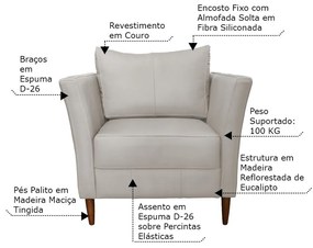 Poltrona Decorativa Sala de Estar Pés Palito Lubbock Couro Off White G58 - Gran Belo