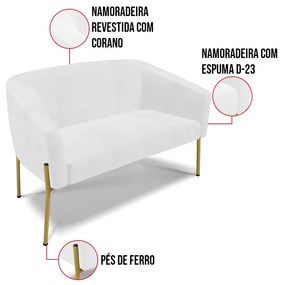 Sofá 2 Lugares Namoradeira Pé de Ferro Dourado Stella Sintético PU D03 - D'Rossi - Branco