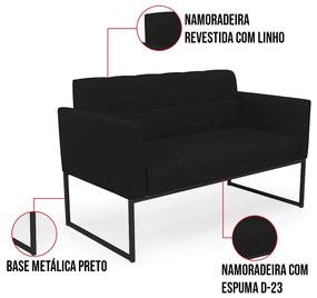 Kit 1 Sofá Namoradeira e 2 Poltronas Elisa Linho Preto A79 Base Metálica Industrial Preto D03 - D'Rossi