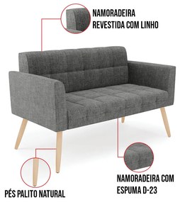 Kit 1 Sofá Namoradeira e 1 Poltrona Elisa Linho Pés Palito Natural D03 - D'Rossi - A26 Grafite