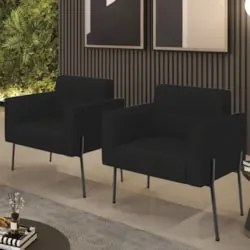 Poltrona Para Sala Pé Metal Preto Kit 2 Ana Linho Preto - Ibiza