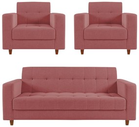 Kit Sofá 03 Lugares e 02 Poltronas Arezzo Linho Whisky Rose A106 Pés Chanfrado Castanho - D'Rossi