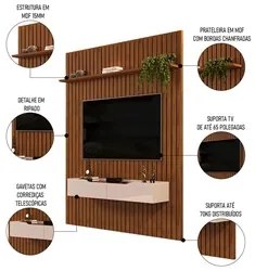 Painel para TV 65 Pol Ripado com Bancada Suspensa 183x240cm Pratisk D0