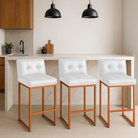 Banqueta Cozinha Alta com Encosto Industrial Kit 3 Bronze Lirina PU C05 - D'Rossi - Branco