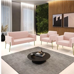 Sofá Namoradeira e 2 Poltronas Pé de Ferro Dourado Marisa Veludo Rosê