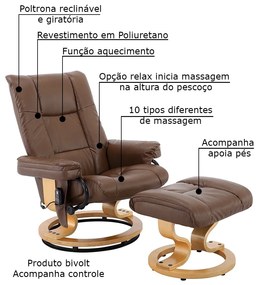 Poltrona de Massagem Tustin Elétrica Reclinável Giratória PU Sintético Marrom Vintage G56 - Gran Belo