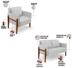 Kit 1 Sofá Namoradeira e 2 Poltronas Lana Linho Cinza A05 Base de Madeira