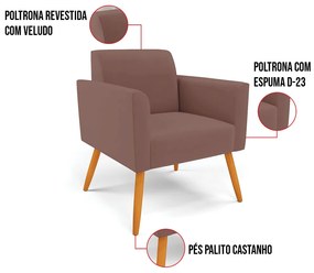 Kit 2 Poltronas Pés Palito Castanho Marisa Veludo - Rose