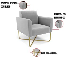 Poltrona Base X Industrial Dourado Marisa Suede - Cinza