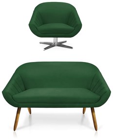 Kit 01 Namoradeira 02 Lugares e 01 Poltrona Giratória Giovana Suede Base Cromada - D'Rossi - Verde
