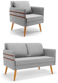 Kit 01 Namoradeira 02 Lugares e 01 Poltrona Mari Suede Cinza Pés Palito Castanho - D'Rossi