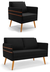 Kit 1 Namoradeira 02 Lugares e 1 Poltrona Mari Suede Pés Palito Castanho - D'Rossi - Preto