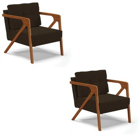 Kit 02 Poltronas Melissa Suede Base de Madeira Castanho D03 - D'Rossi - Marrom