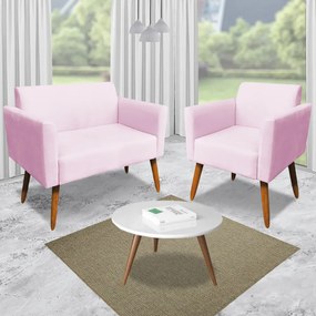 Poltrona Namoradeira Decorativa Isabella Pés Palito Madeira Suede Rosa Bebê G19 - Gran Belo