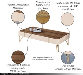Mesa de Centro Decorativa Cadenza MDP/MDF Pés de Aço Off White/Castanho G26 - HB Móveis