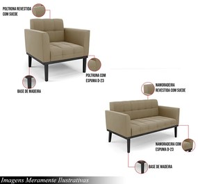 Conjunto Poltrona e Namoradeira Decorativa Karen Pés Fixo em Madeira Preto Suede Nude G19 - Gran Belo
