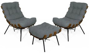 Kit 2 Poltronas Decorativa Costela Com Puff Costela Suede Cinza