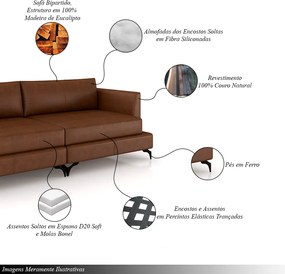 Sofá Living Bipartido 190cm Indonésia Pés de Ferro Couro Caramelo Manchado G52 - Gran Belo