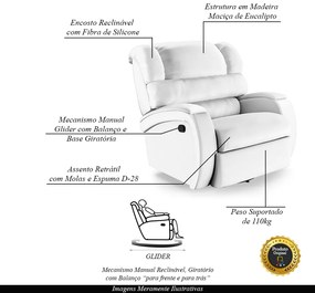 Poltrona do Papai Sala de Cinema Reclinável Kylie Glider Manual Giratória PU Branco G23
