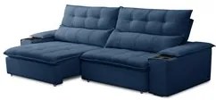 Sofá Retrátil 3 Lugares com Porta Copo 250cm Malta F05 Veludo Azul - M