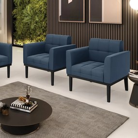 Kit 2 Poltronas Decorativas Karen Pés Fixo em Madeira Preto Suede Azul Marinho G19 - Gran Belo