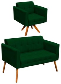 Kit 01 Namoradeira e 01 Poltrona Giratória Elisa Suede Base Madeira MM30 D'Rossi - Verde