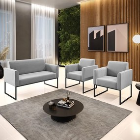 Sofá Namoradeira com 2 Poltronas Base Industrial Preto Marisa Suede Cinza D03 - D'Rossi